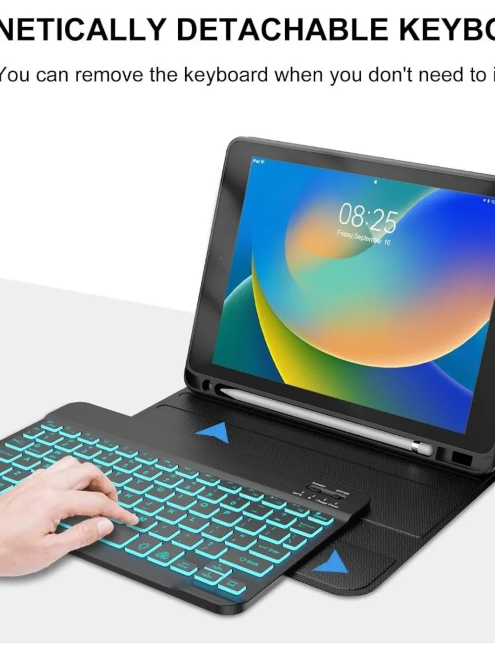 iPad 10.2 inch Case with Keyboard, Detachable Bluetooth Keyboard with 7 Color Ba
